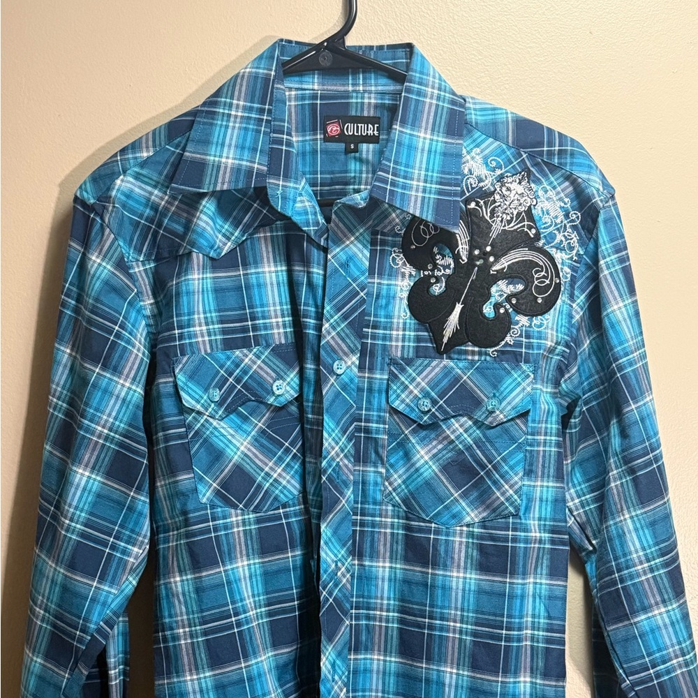 Culture Western Cowboy Shirt‎ Blue Plaid Y2K Fleur-de-Lis Embroidered Concert